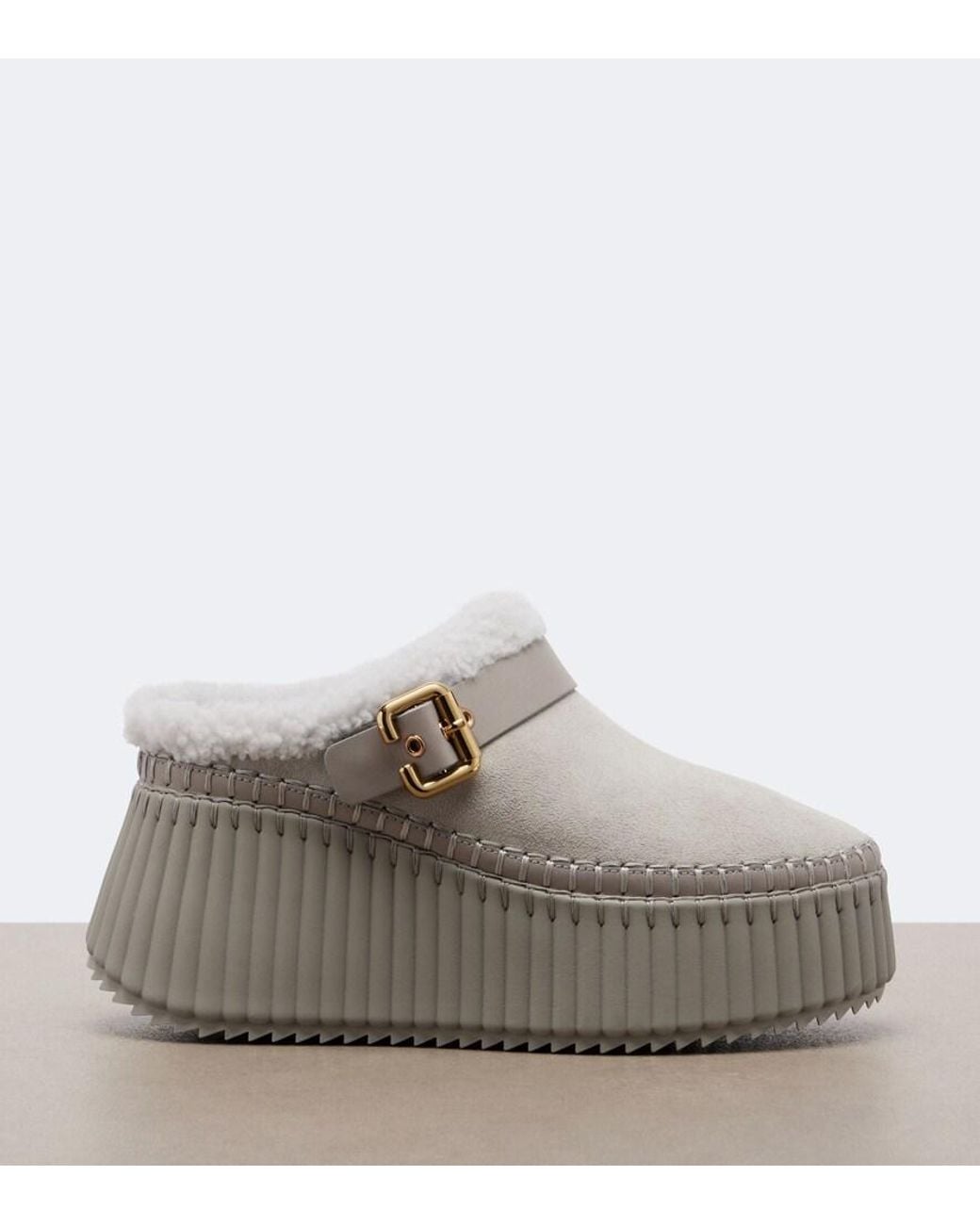 Chloé Gray Nama Shearling-Lined Suede Platform Mules