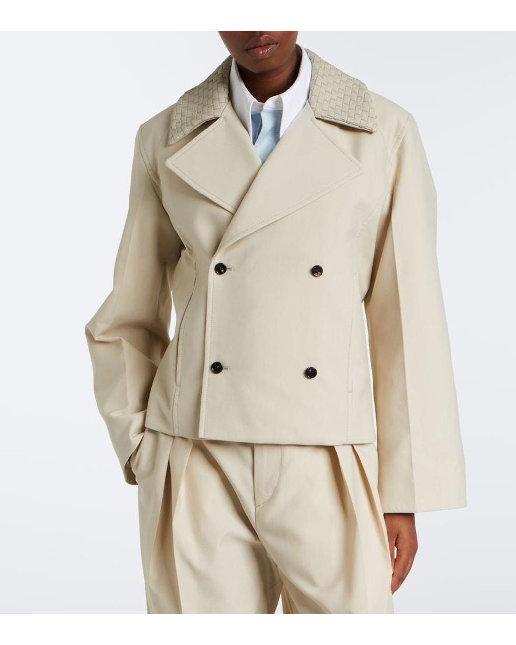 Bottega Veneta Natural Intrecciato Striped Wool And Cotton Peacoat