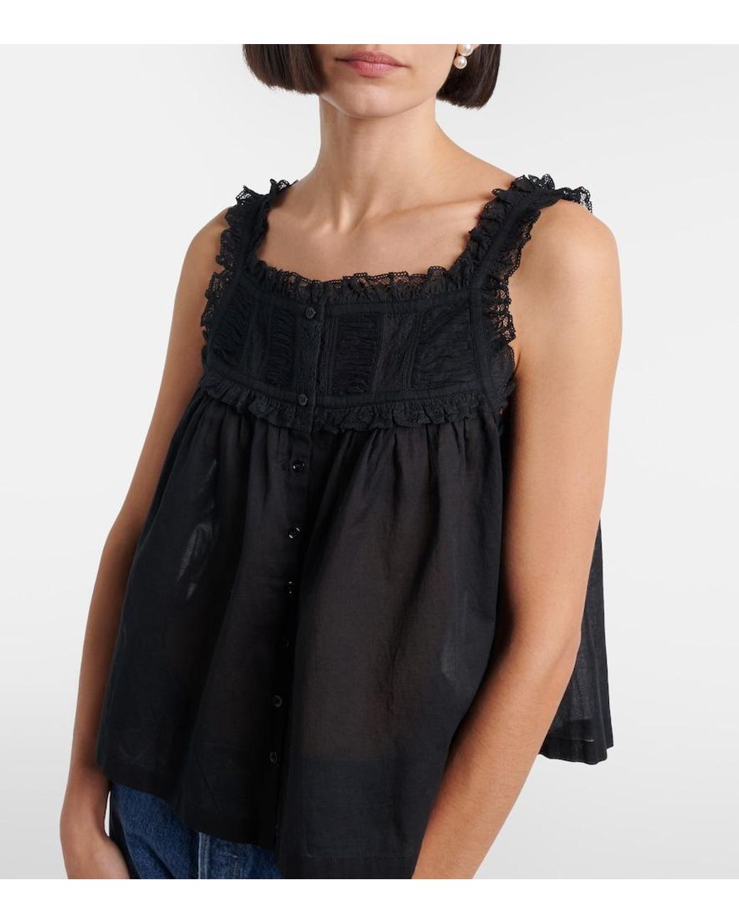 Doen Black Fidella Lace-Trimmed Cotton Top