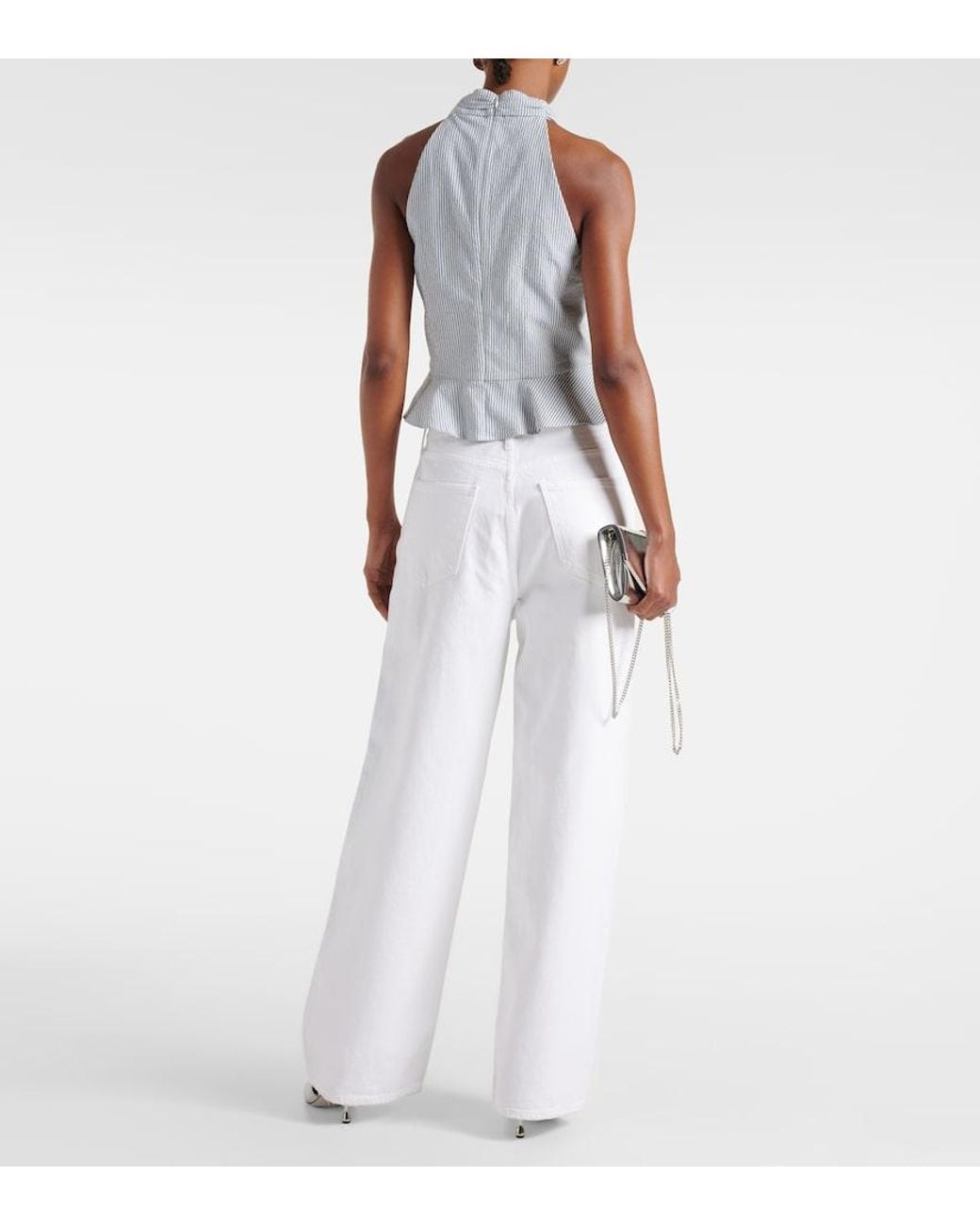 Veronica Beard White Drey Striped Halterneck Cotton Top
