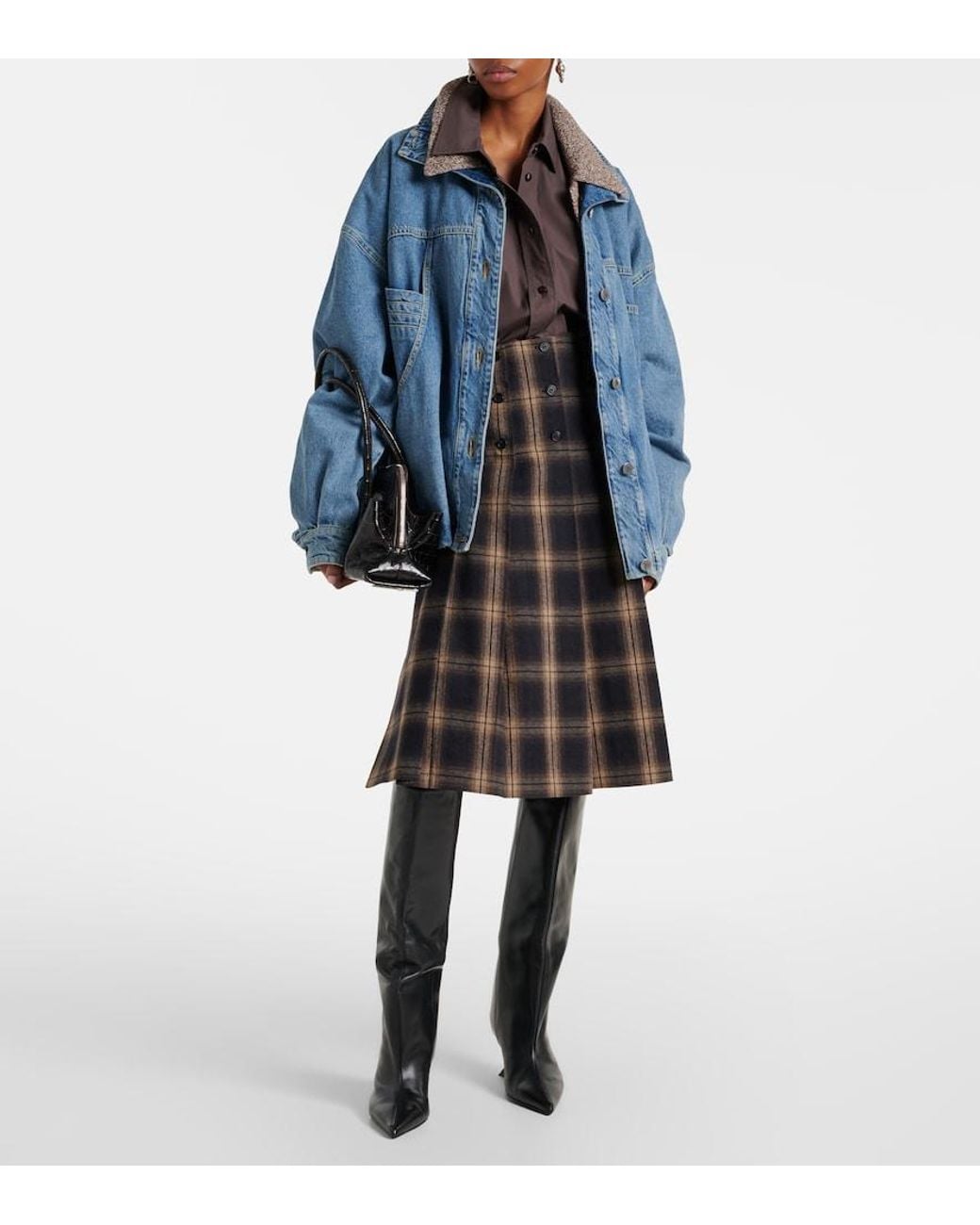 The Attico Black Plaid Pleated Cotton Midi Skirt