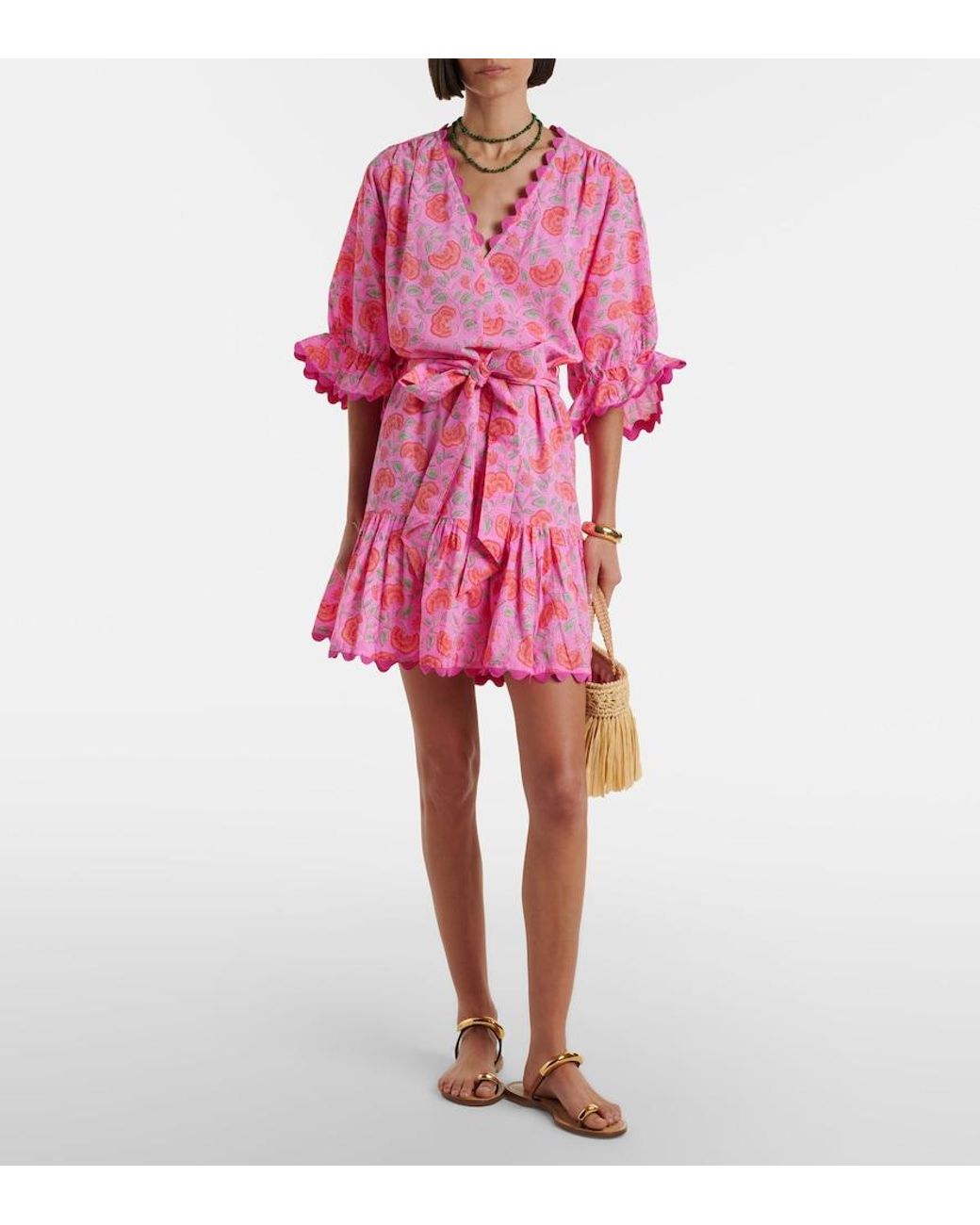 Juliet Dunn Pink Floral Scalloped Cotton Minidress