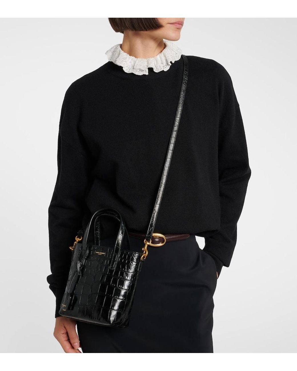 Saint Laurent Black Mini Toy Croc-Embossed Tote Bag