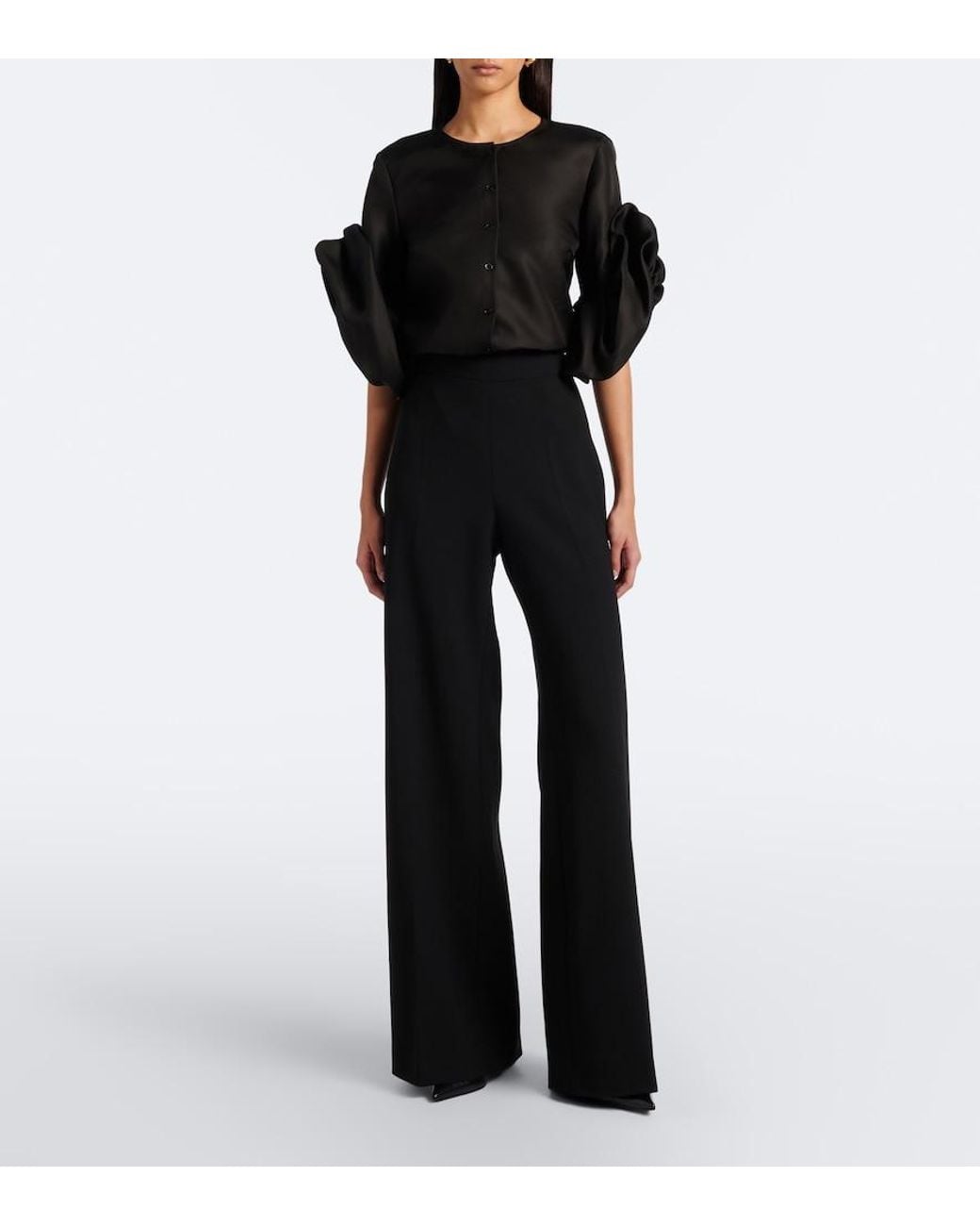 Carolina Herrera Black Floral-Applique Silk Top