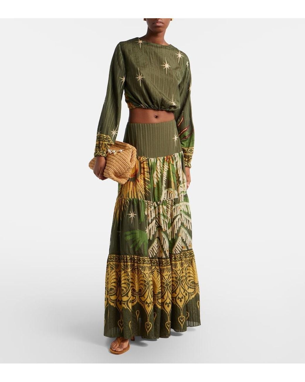 Johanna Ortiz Green Printed Silk And Cotton Jacquard Blouse