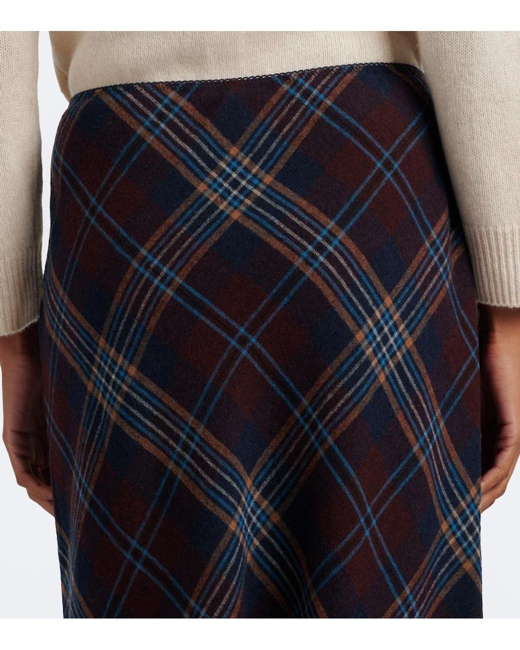Doen Blue Elowette Fringed Plaid Midi Skirt