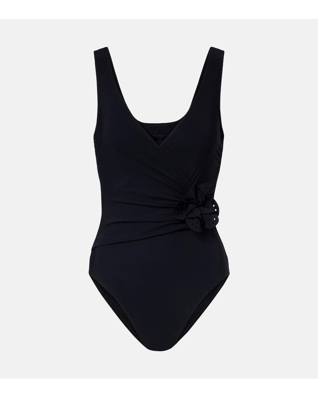 Karla Colletto Black Rosetta Floral-Applique Swimsuit