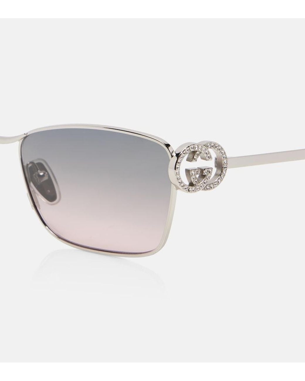 Gucci Gray Interlocking G Crystal-Embellished Rectangular Sunglasses