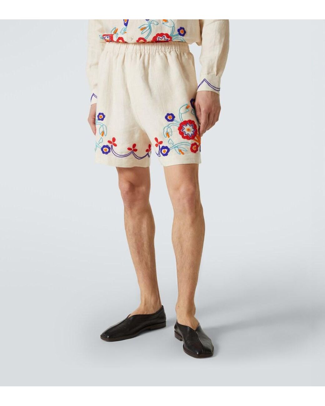 Bode White Garden Party Beaded Linen Bermuda Shorts for men