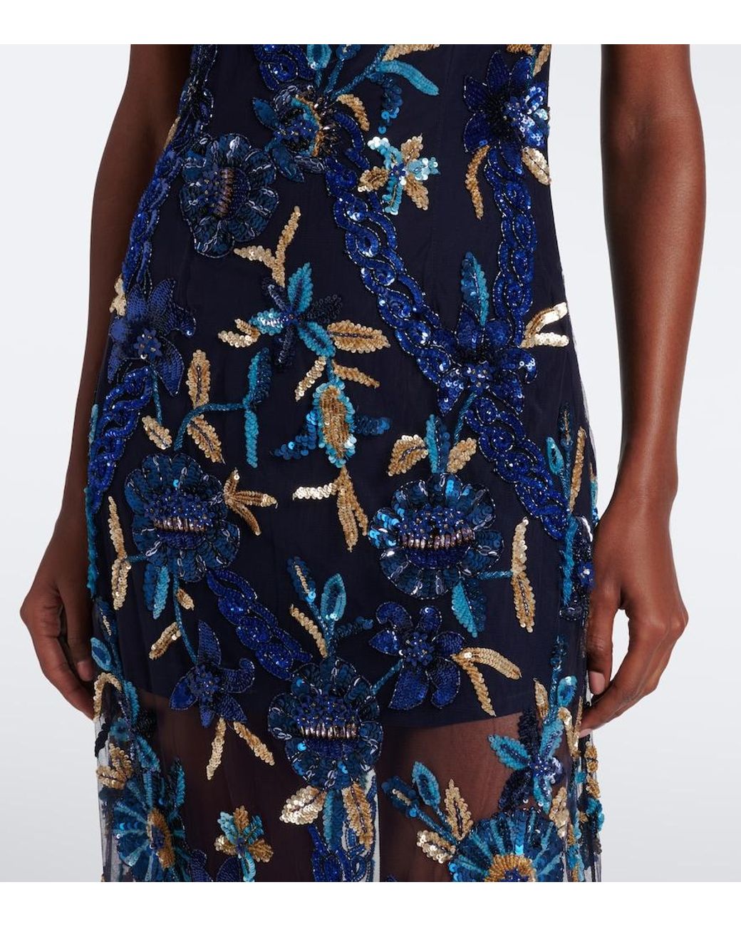 La Fuori Blue Embellished Floral Mesh Gown