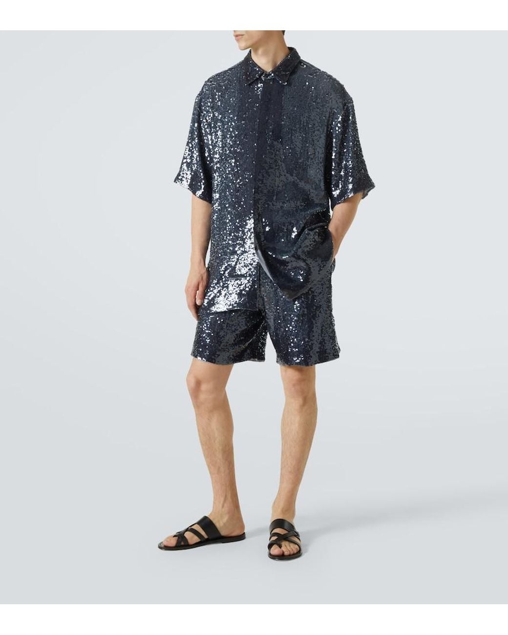 Dries Van Noten Blue Sequined Bermuda Shorts for men