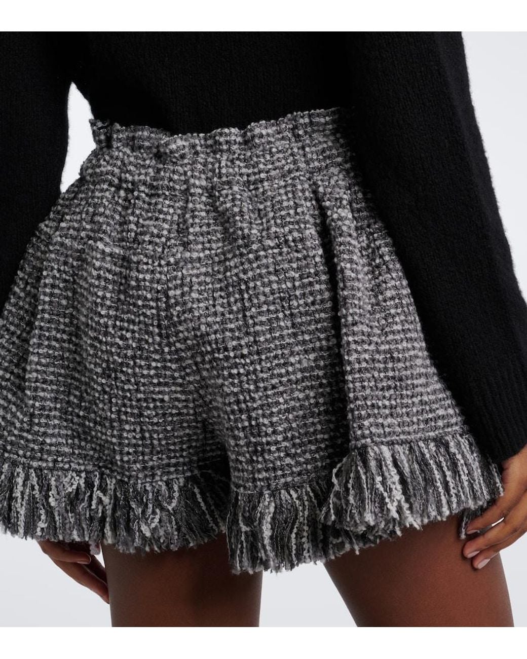 Sacai Gray Fringed Wool-Blend Tweed Shorts