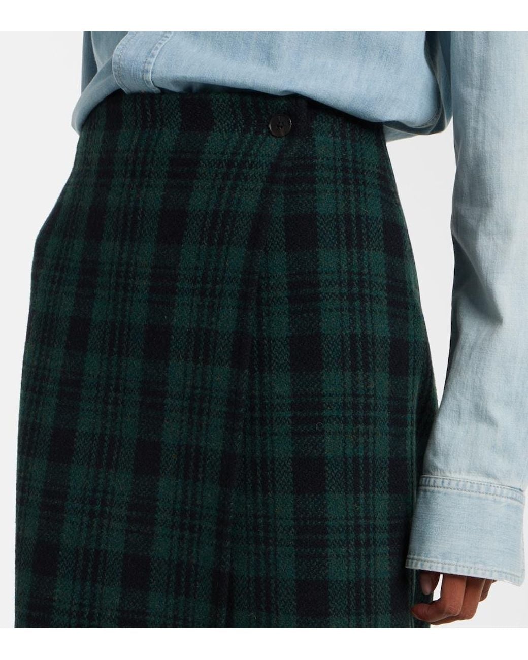 Polo Ralph Lauren Green Checked Fringed Wool-Blend Wrap Skirt