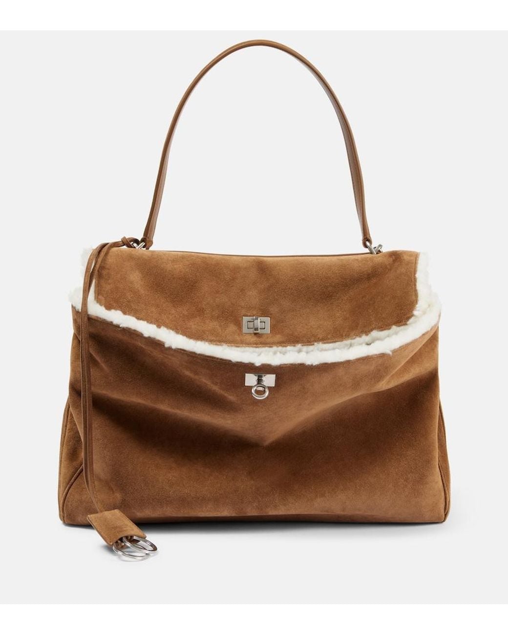 Balenciaga Brown Rodeo Large Shearling-Lined Suede Shoulder Bag