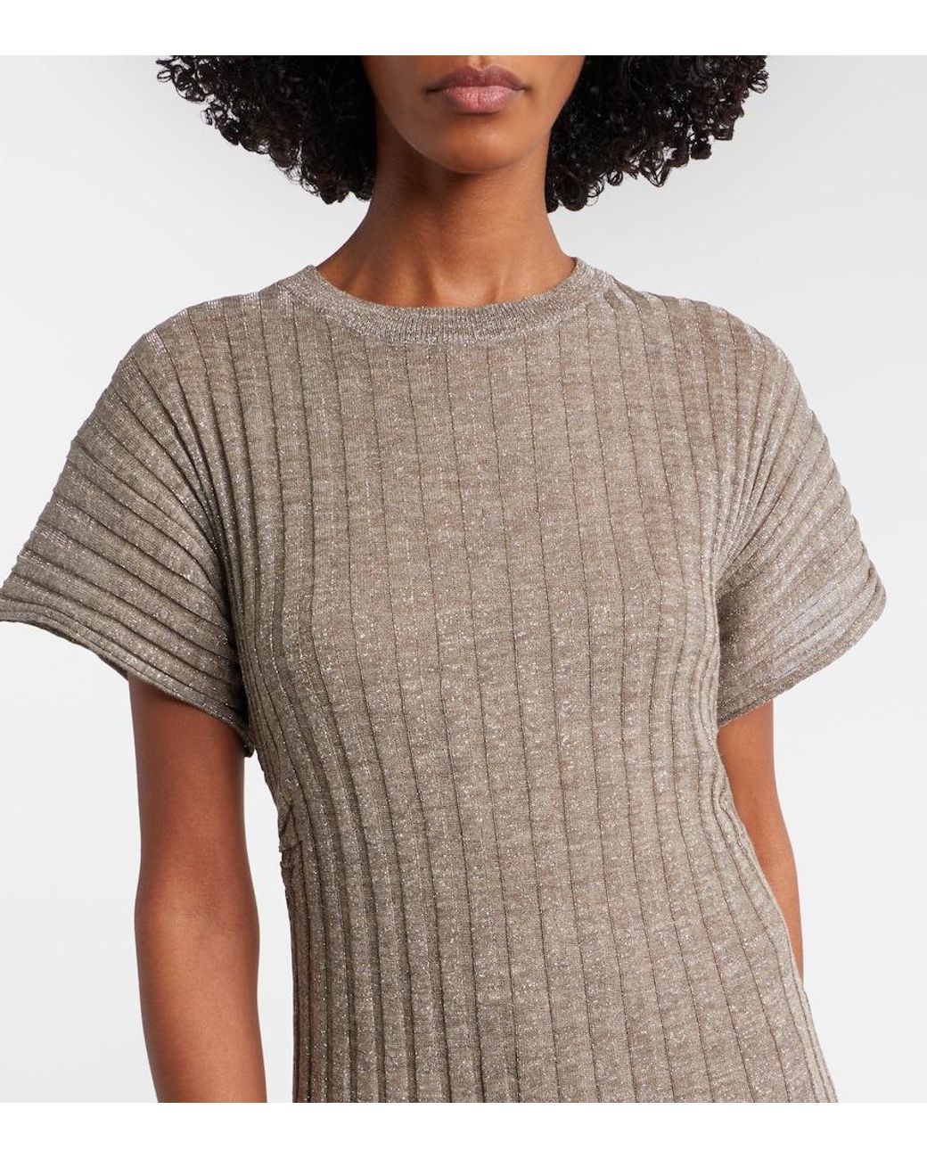 Brunello Cucinelli Natural Ribbed-Knit Lame Midi Dress
