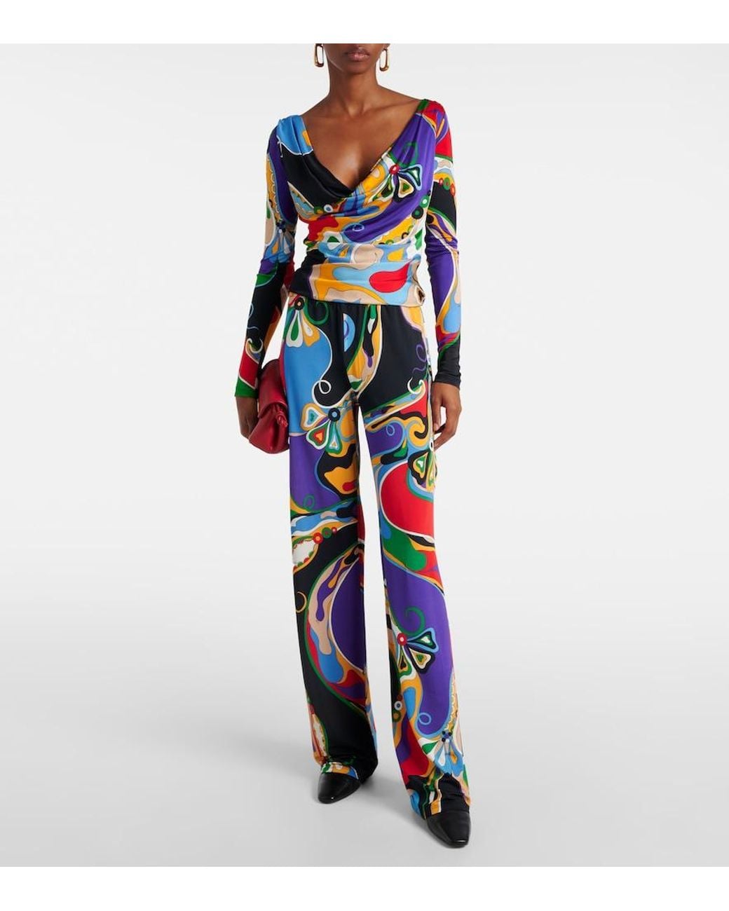 Emilio Pucci Blue Printed Jersey Satin Straight Pants