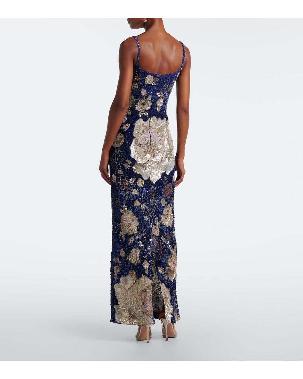 La Fuori Blue Sequined Floral Gown
