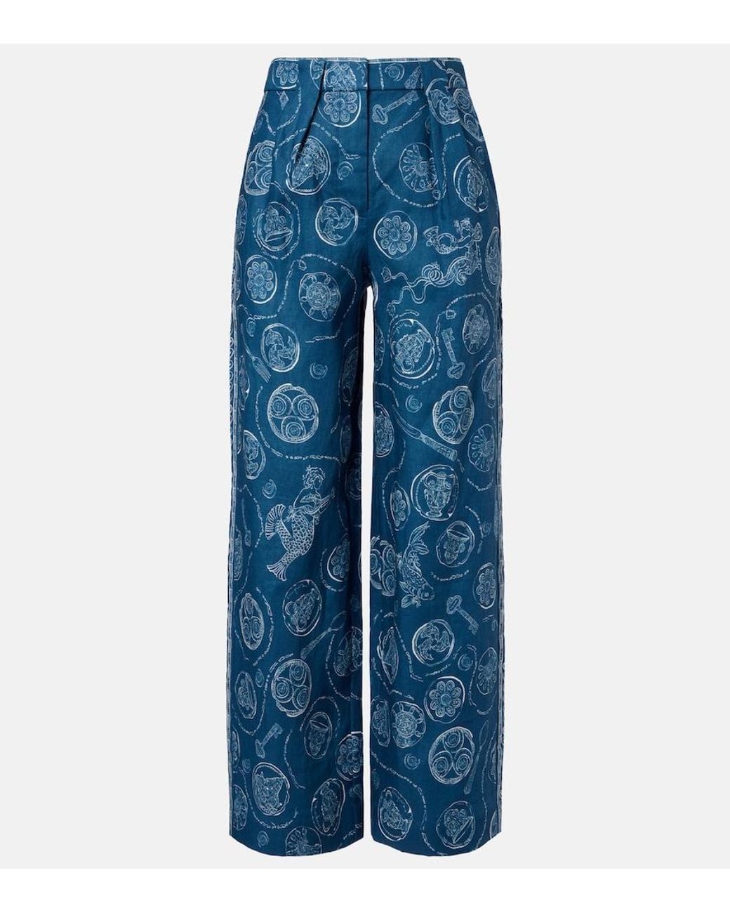 ALÉMAIS Blue Lucky Printed Linen Wide-Leg Pants