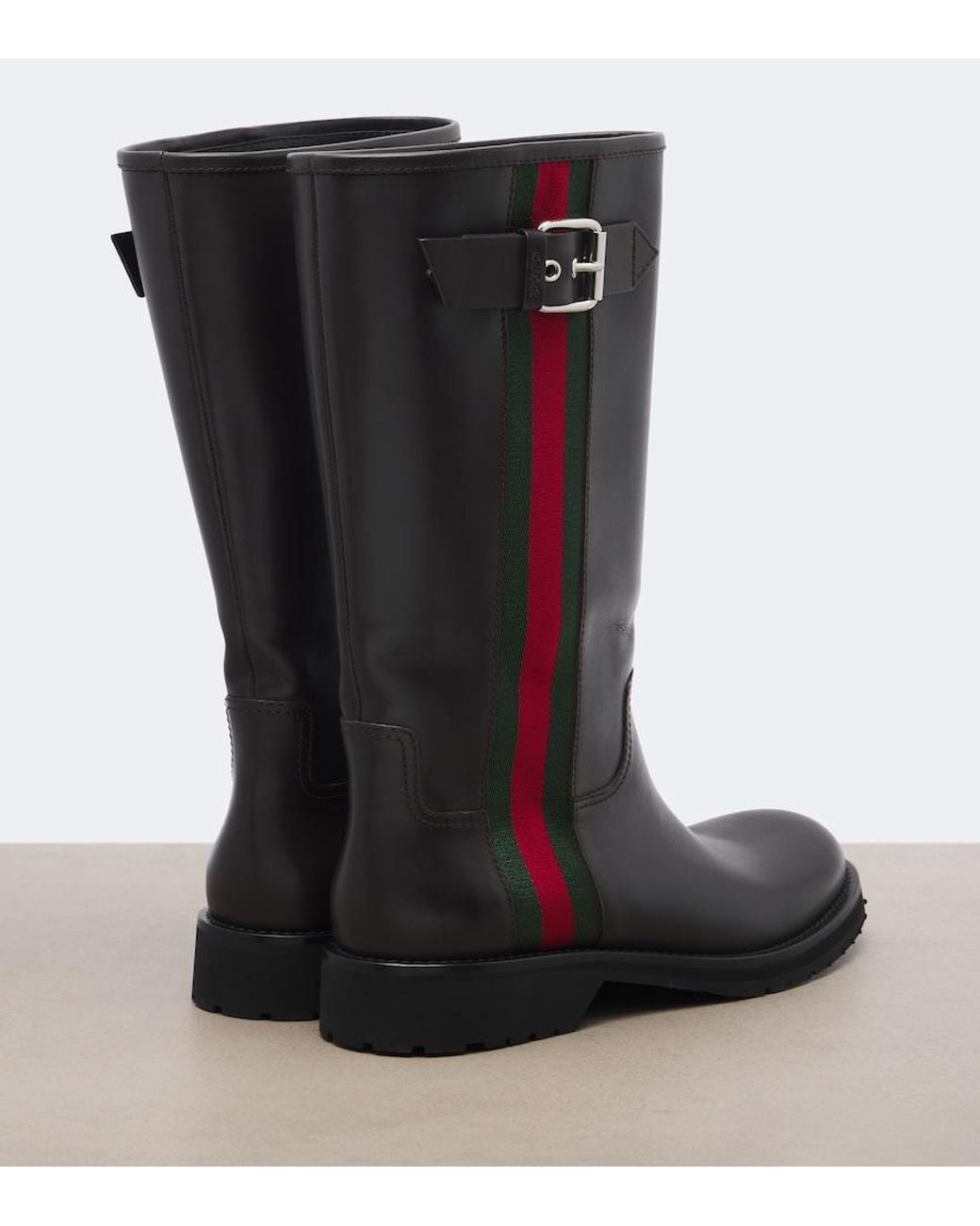 Gucci Black Web Stripe Leather Biker Boots