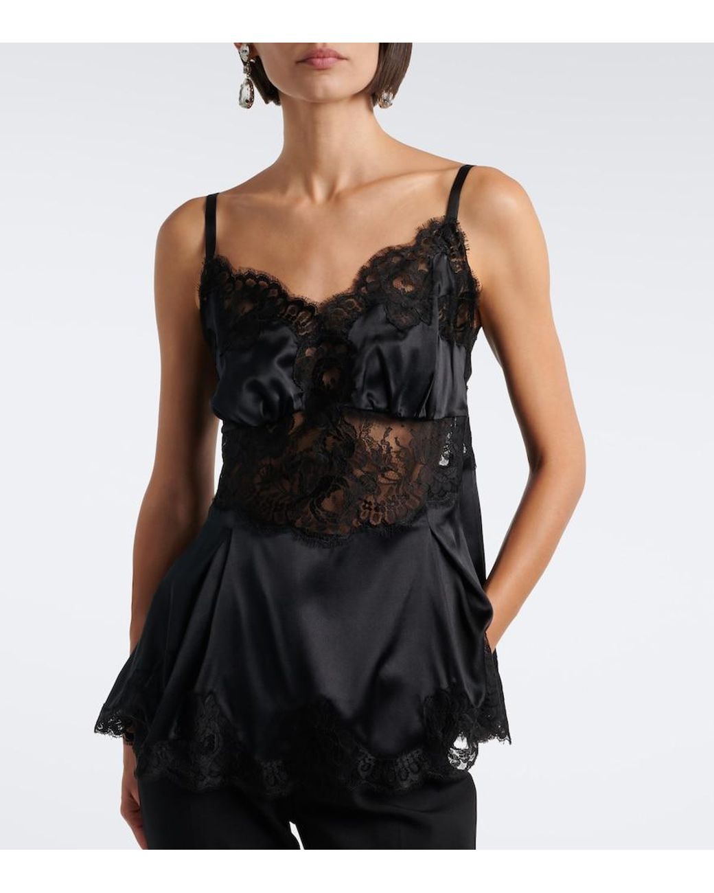 Dolce & Gabbana Black Lace-Trimmed Silk And Cotton-Blend Camisole