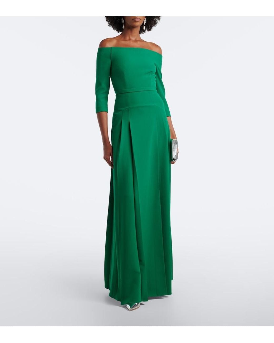 Safiyaa Green Amadora Off-Shoulder Crepe Gown