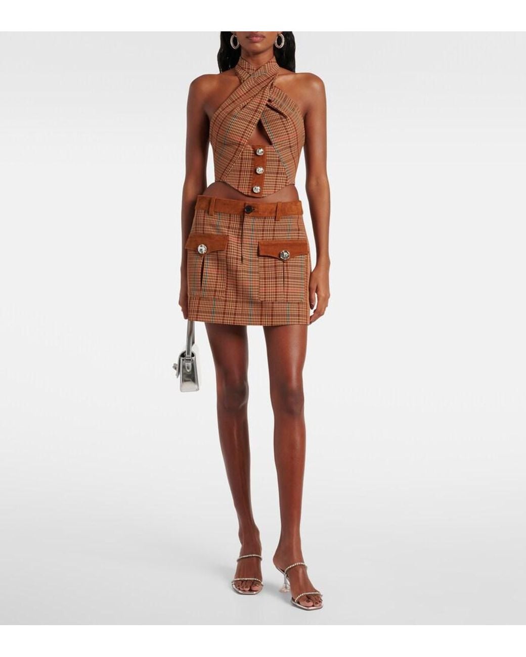 Area Brown Checked Halterneck Wool-Blend Top