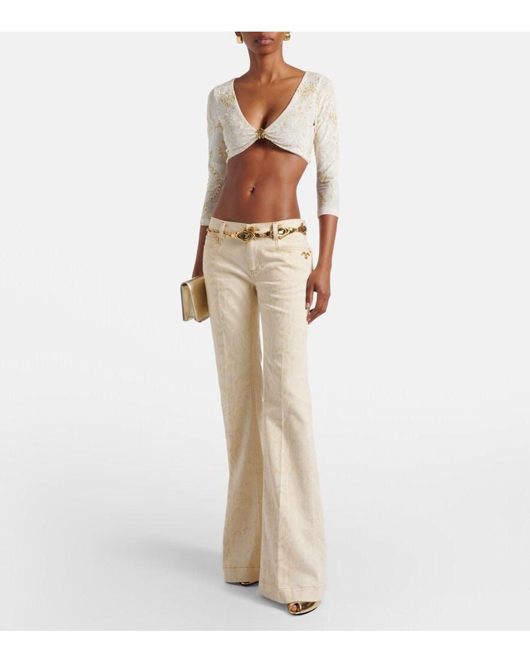 Roberto Cavalli Natural Snake-Print Flared Jeans