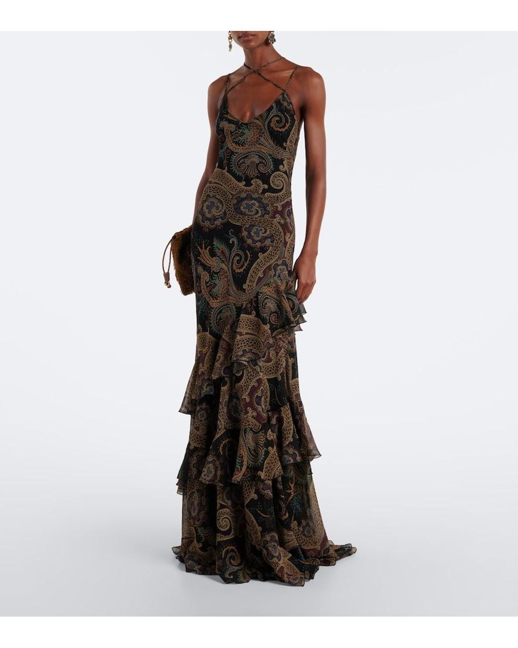 Etro Black Paisley Ruffled Seersucker Gown