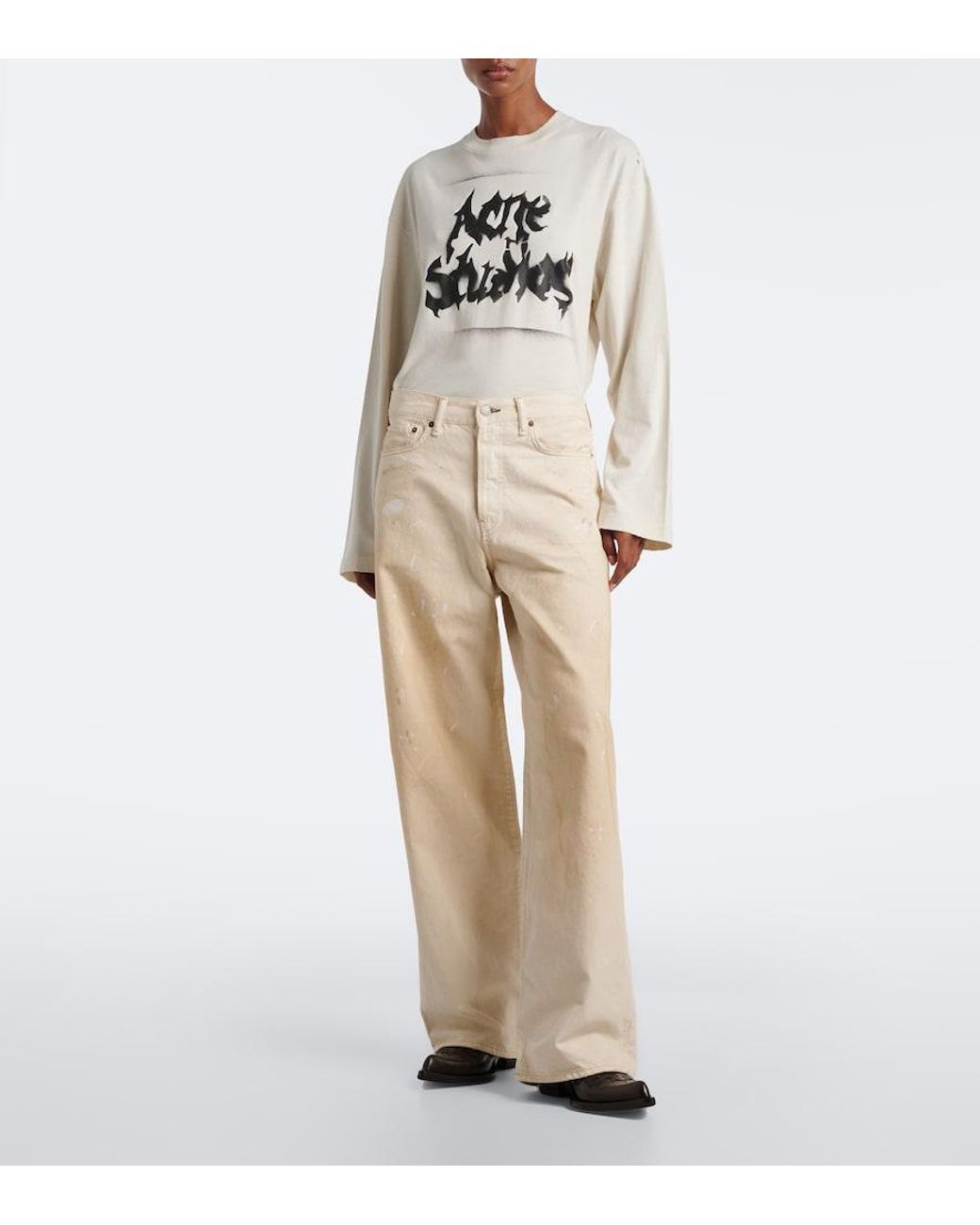 Acne Natural Distressed Leather-Trimmed Wide-Leg Jeans