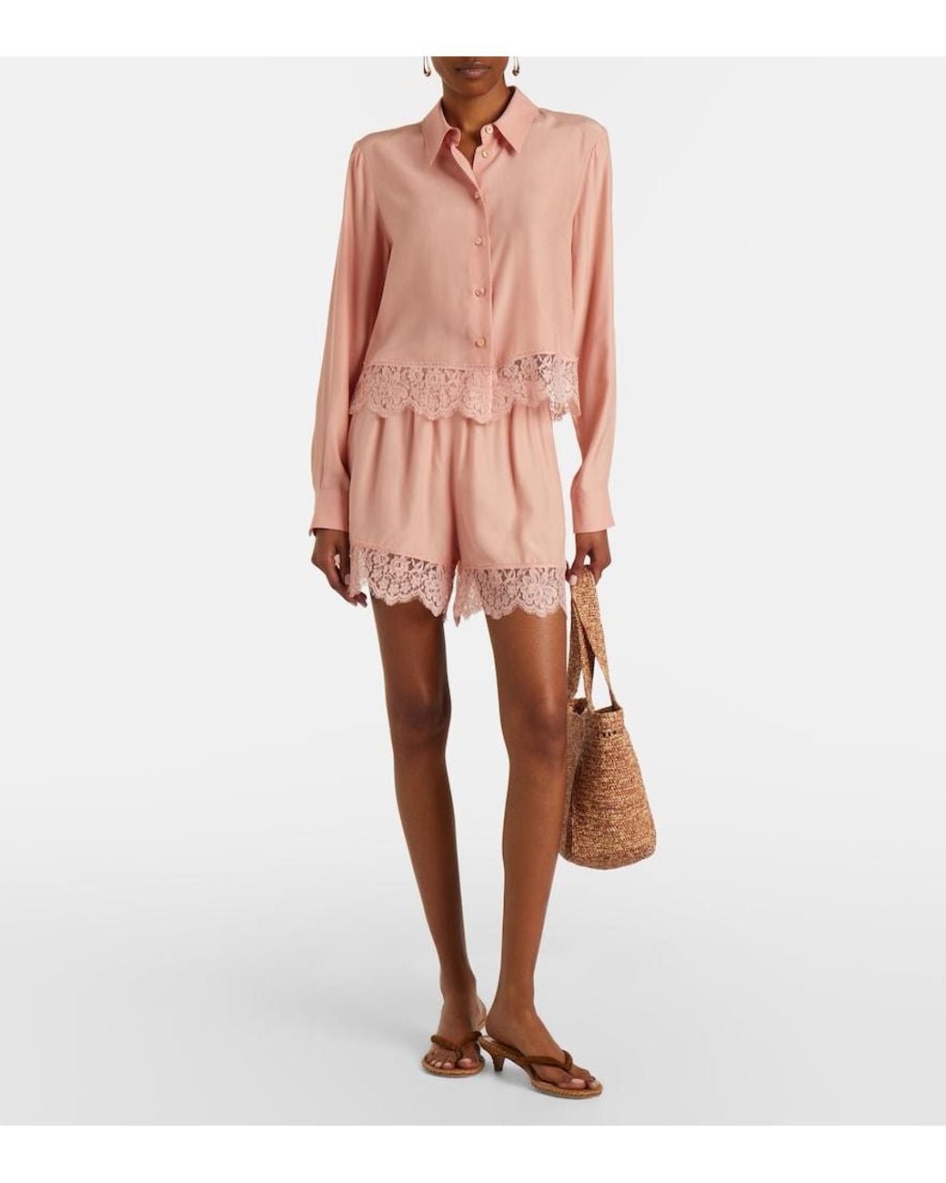 Stella McCartney Pink Floral Lace-Trimmed Silk Shirt