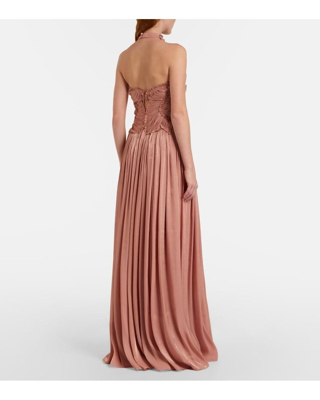 Costarellos Pink Embellished Ruched Georgette Gown