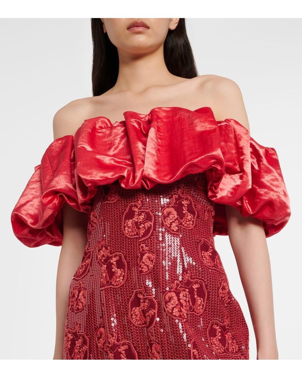 Markarian Red Rowan Sequined Off-Shoulder Bustier Gown