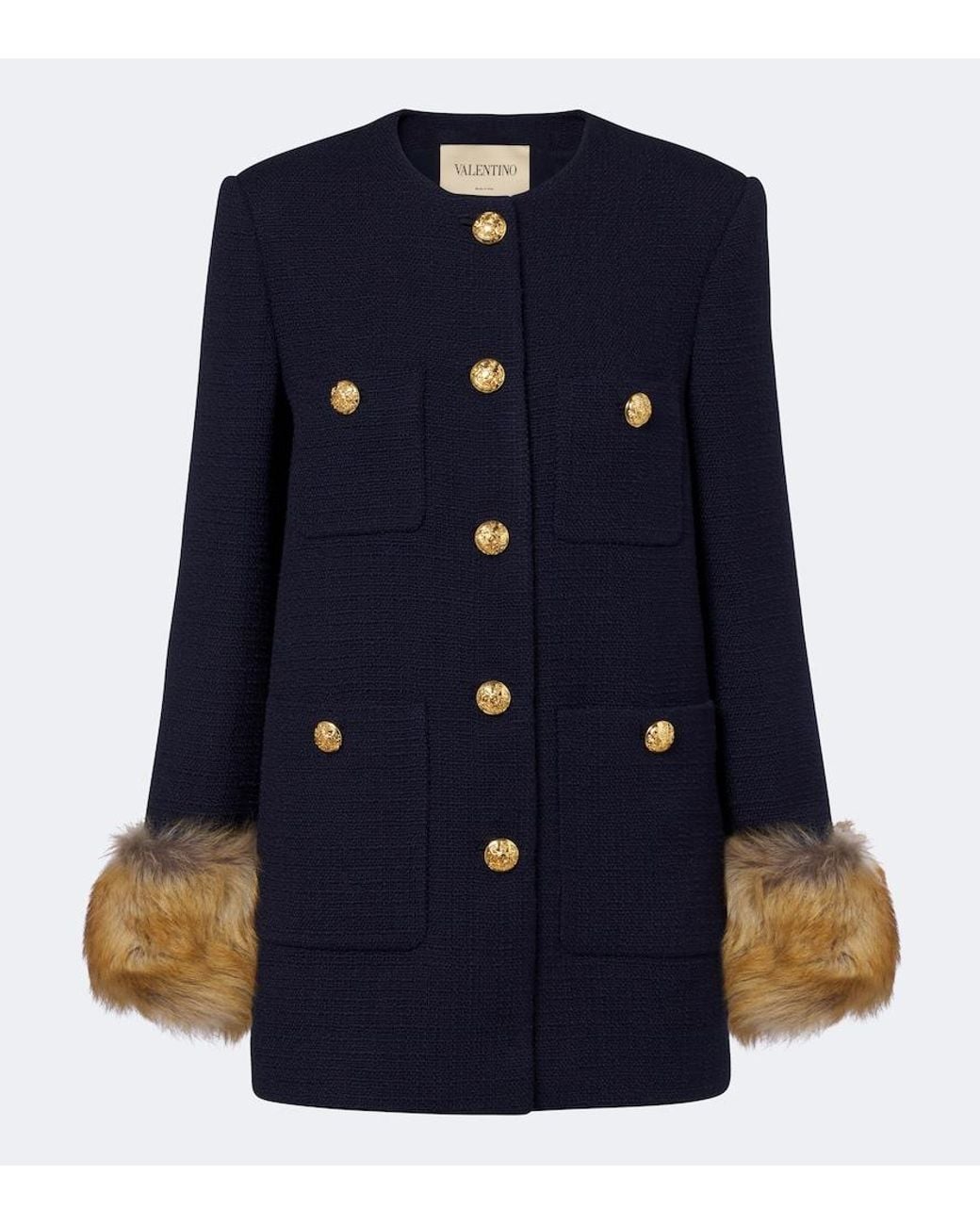 Valentino Garavani Blue Shearling-Trimmed Wool-Blend Tweed Jacket