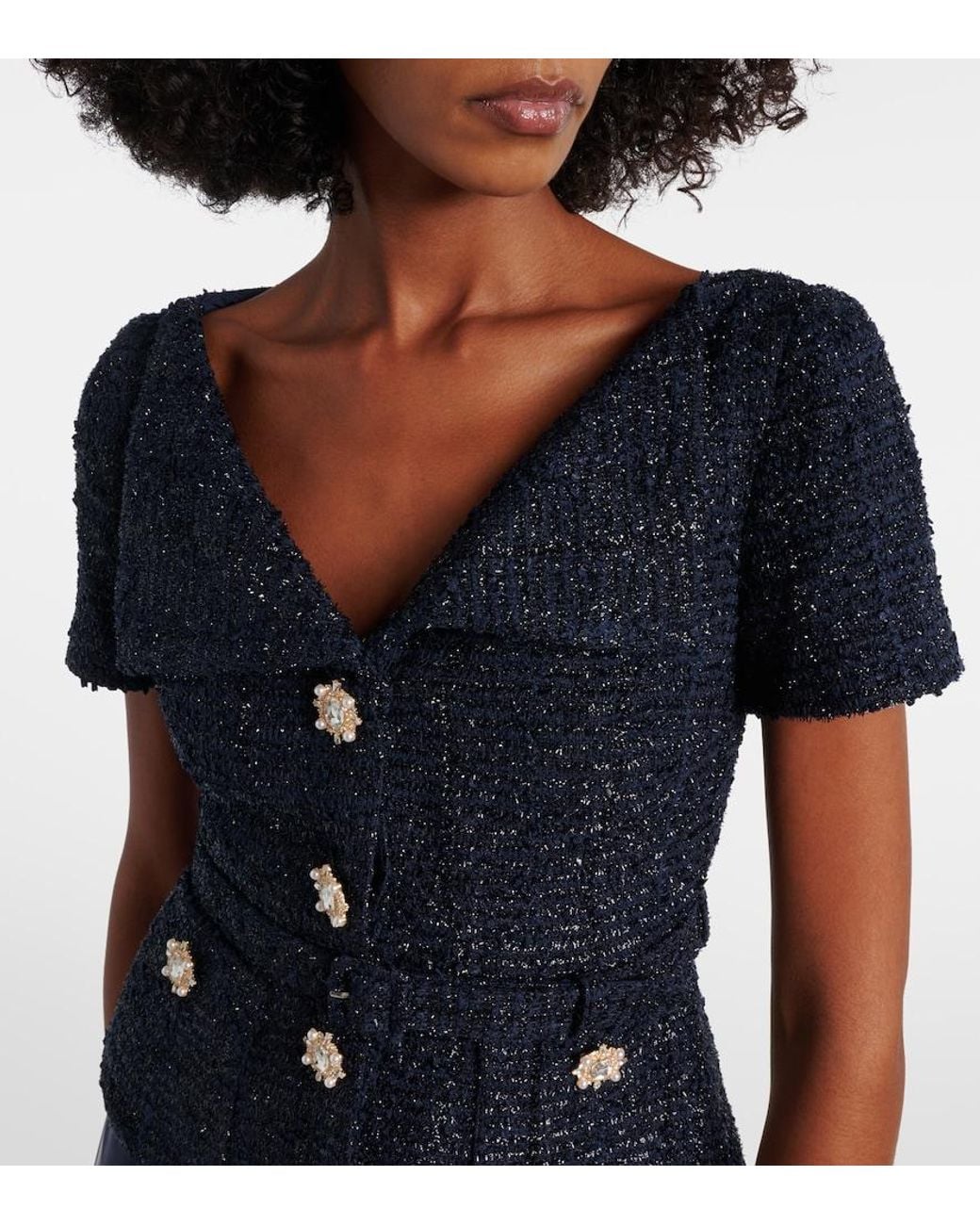 Self-Portrait Blue Embellished Boucle And Satin Maxi Dress