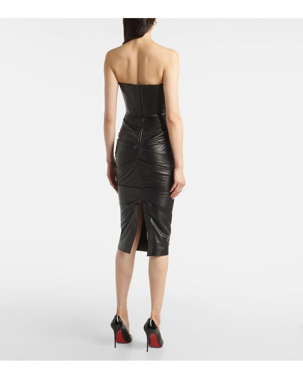 Alex Perry Black Ruched Leather Midi Dress