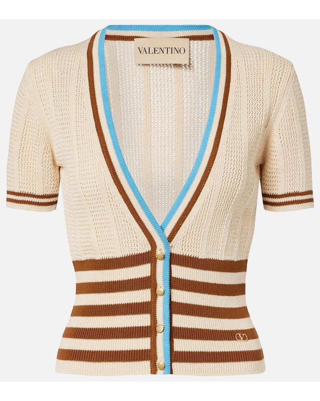 Valentino Garavani Natural Open-Knit Striped Cotton Cardigan