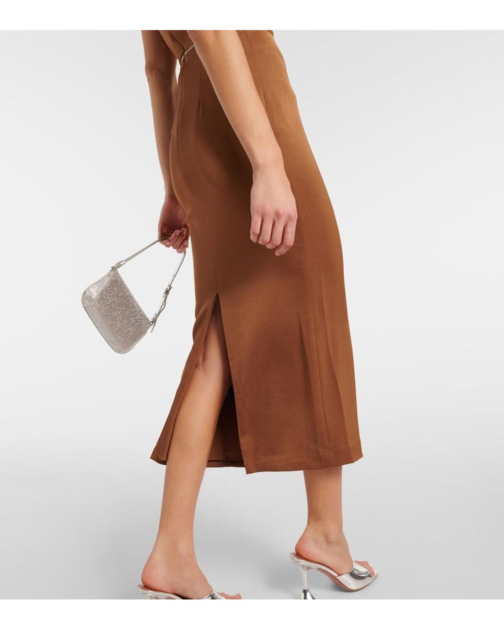 Alex Perry Brown Crystal-Embellished Satin Midi Dress