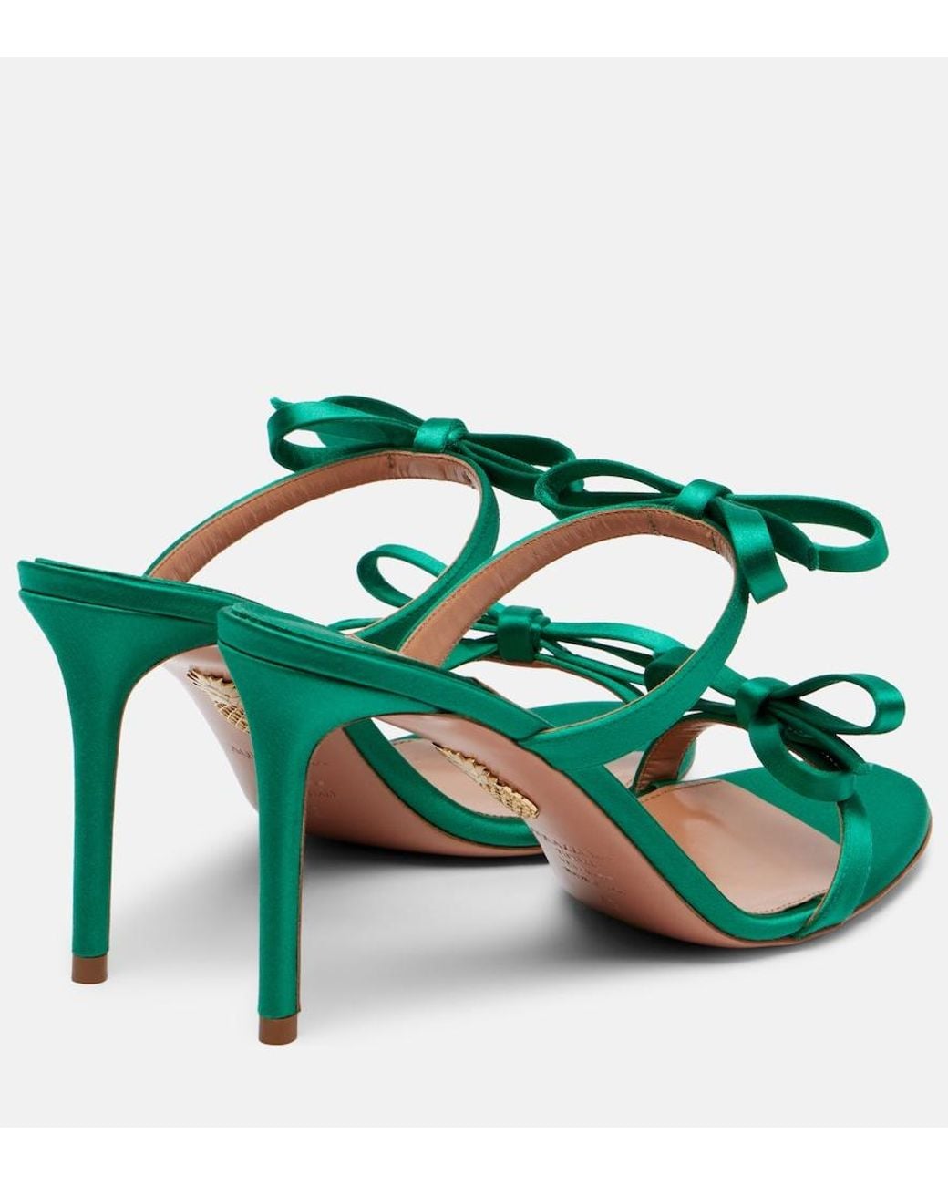 Aquazzura Green Soave 85 Bow-Detail Satin Mules