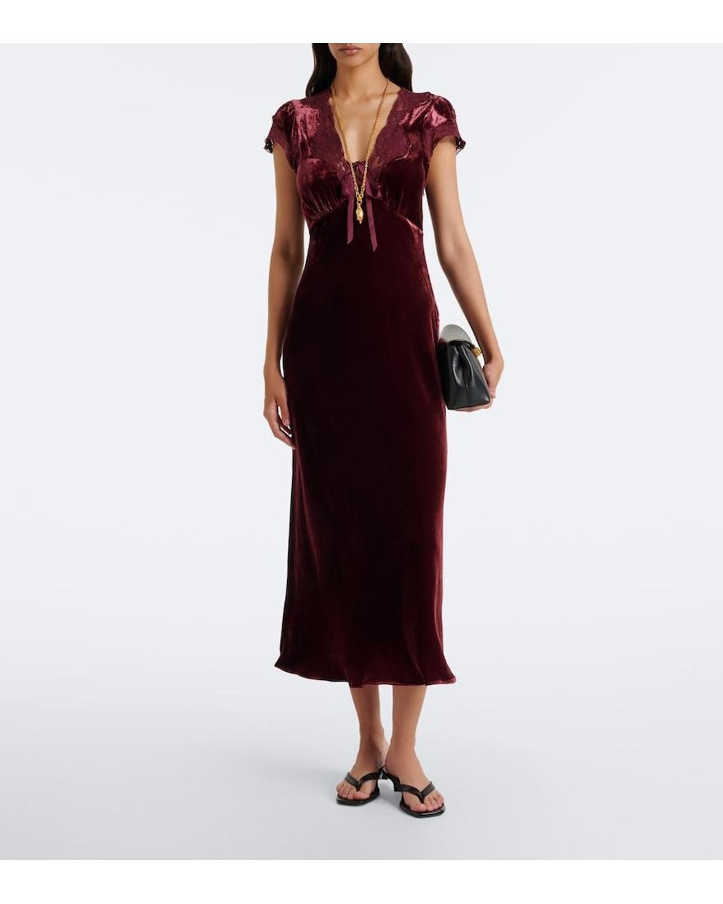 Rixo Purple Amari Lace-Trimmed Velvet Midi Dress