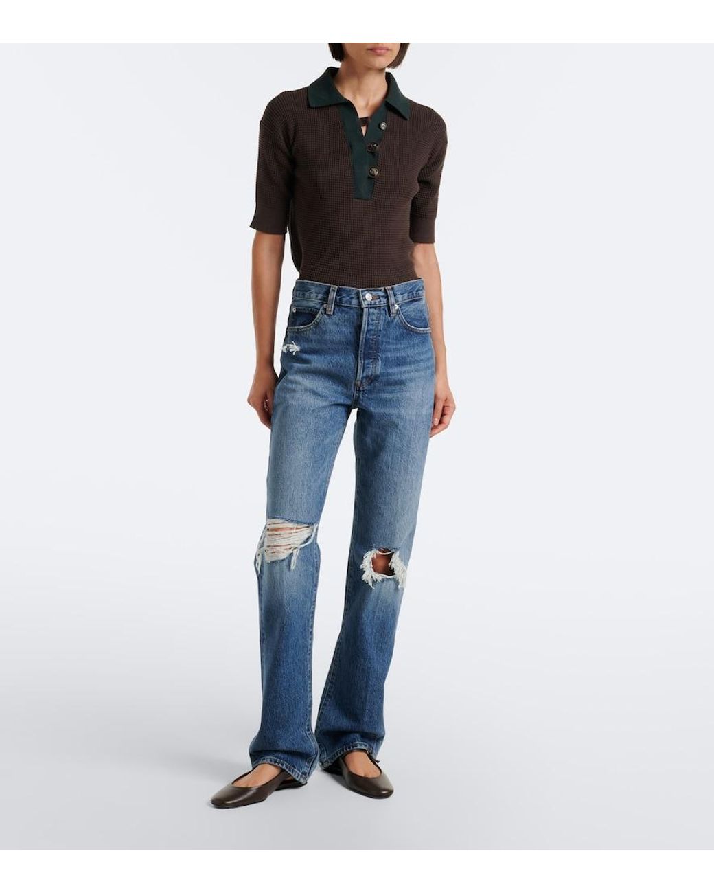 FRAME Blue The Vertical Distressed Straight Jeans