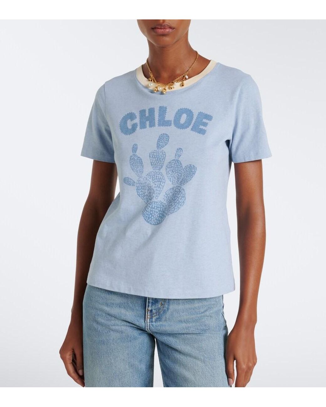 Chloé Blue Logo Printed Cotton Jersey T-Shirt