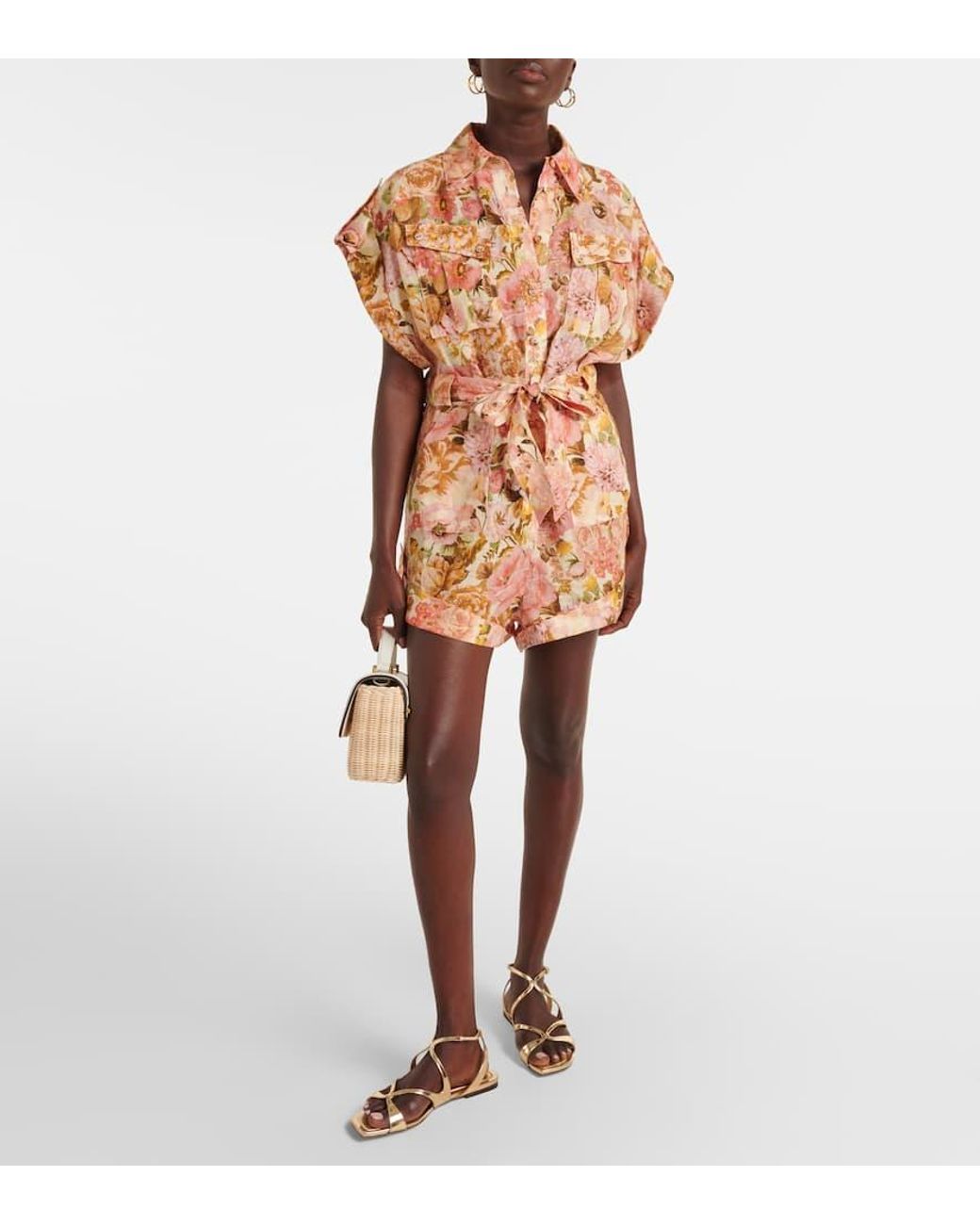 Zimmermann Golden Floral Linen Romper in Pink | Lyst UK