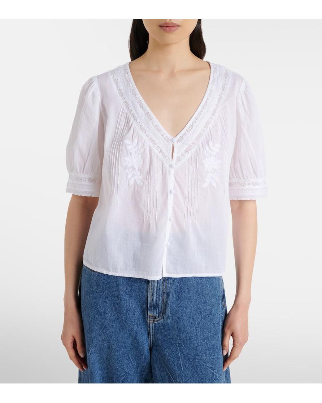 Velvet White Mavis Lace-Trimmed Cotton Blouse