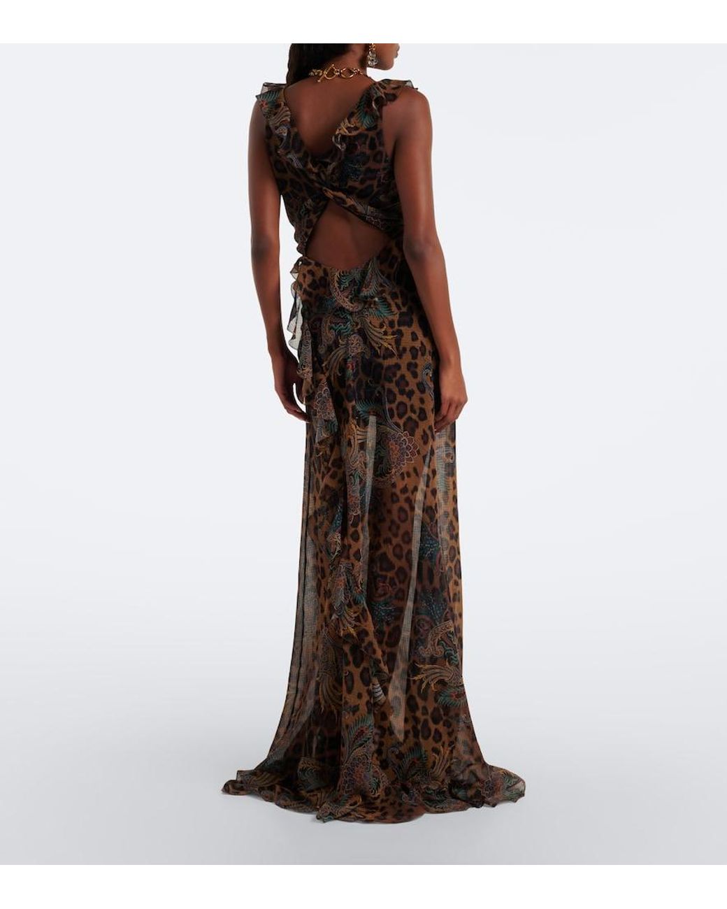Etro Brown Printed Ruffled Seersucker Gown