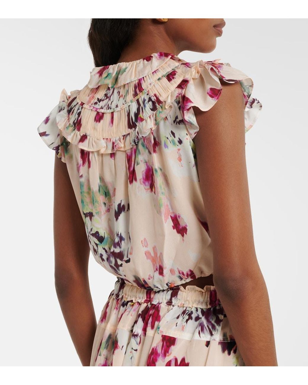 Ulla Johnson Pink Eleonore Floral Ruffled Silk Crop Top