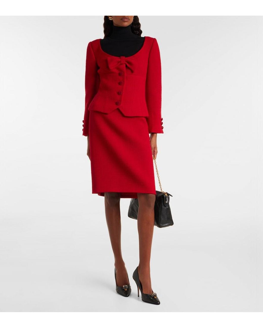 Valentino Garavani Red High-Rise Wool-Blend Tweed Pencil Skirt