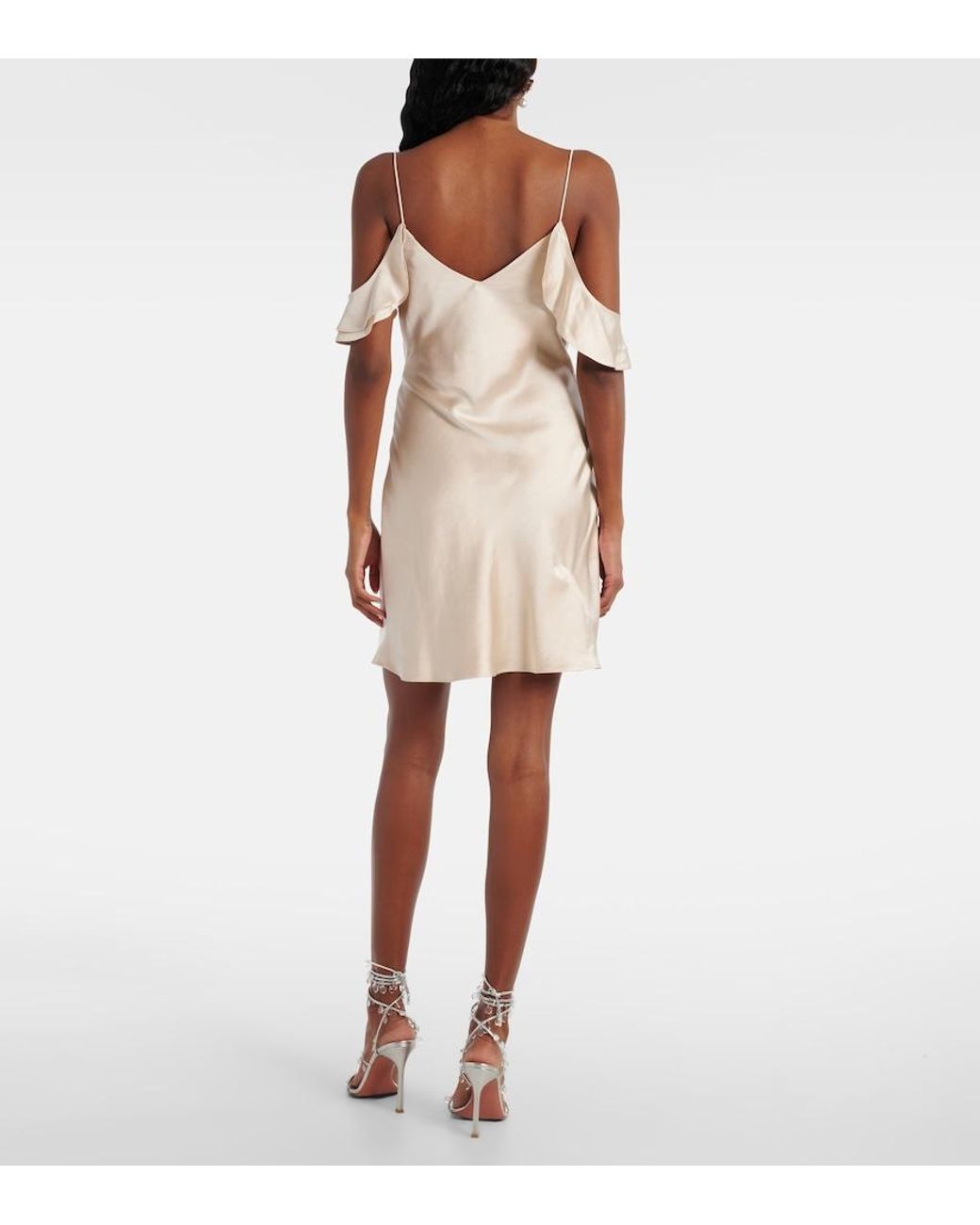 Self-Portrait Natural Floral-Applique Ruffled Satin Minidress