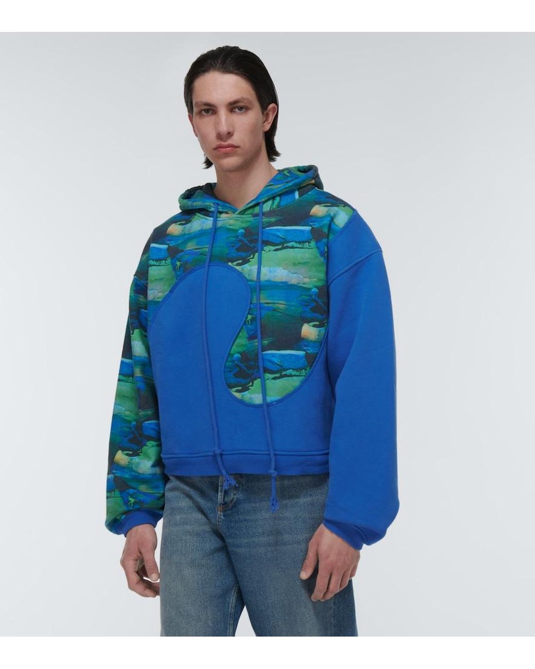 ERL Blue Printed Cotton-Blend Hoodie for men