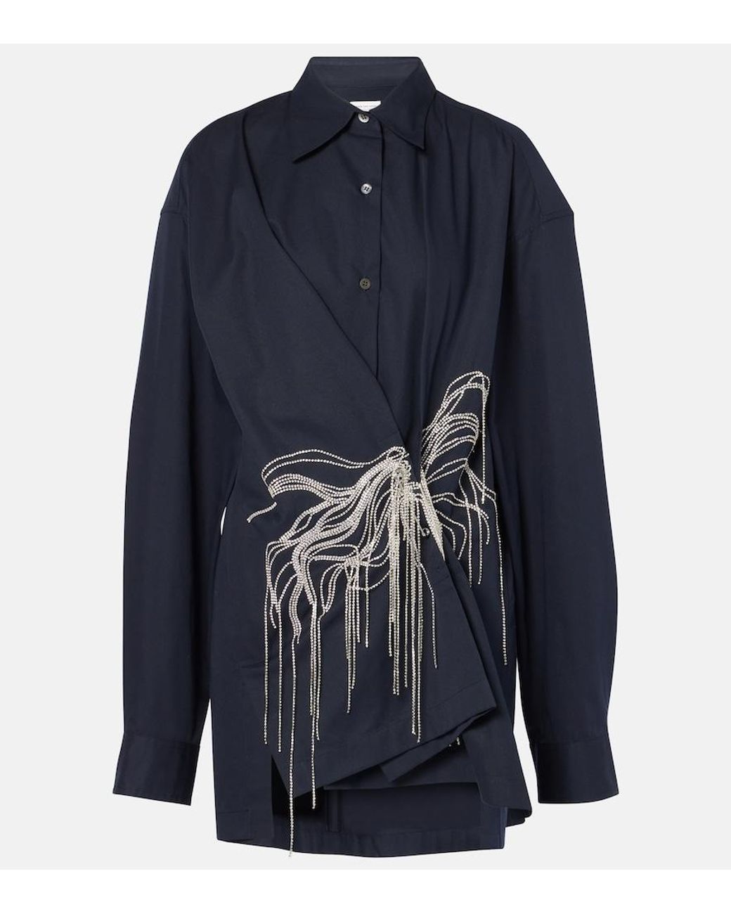 Dries Van Noten Blue Embellished Draped Cotton Gabardine Shirt
