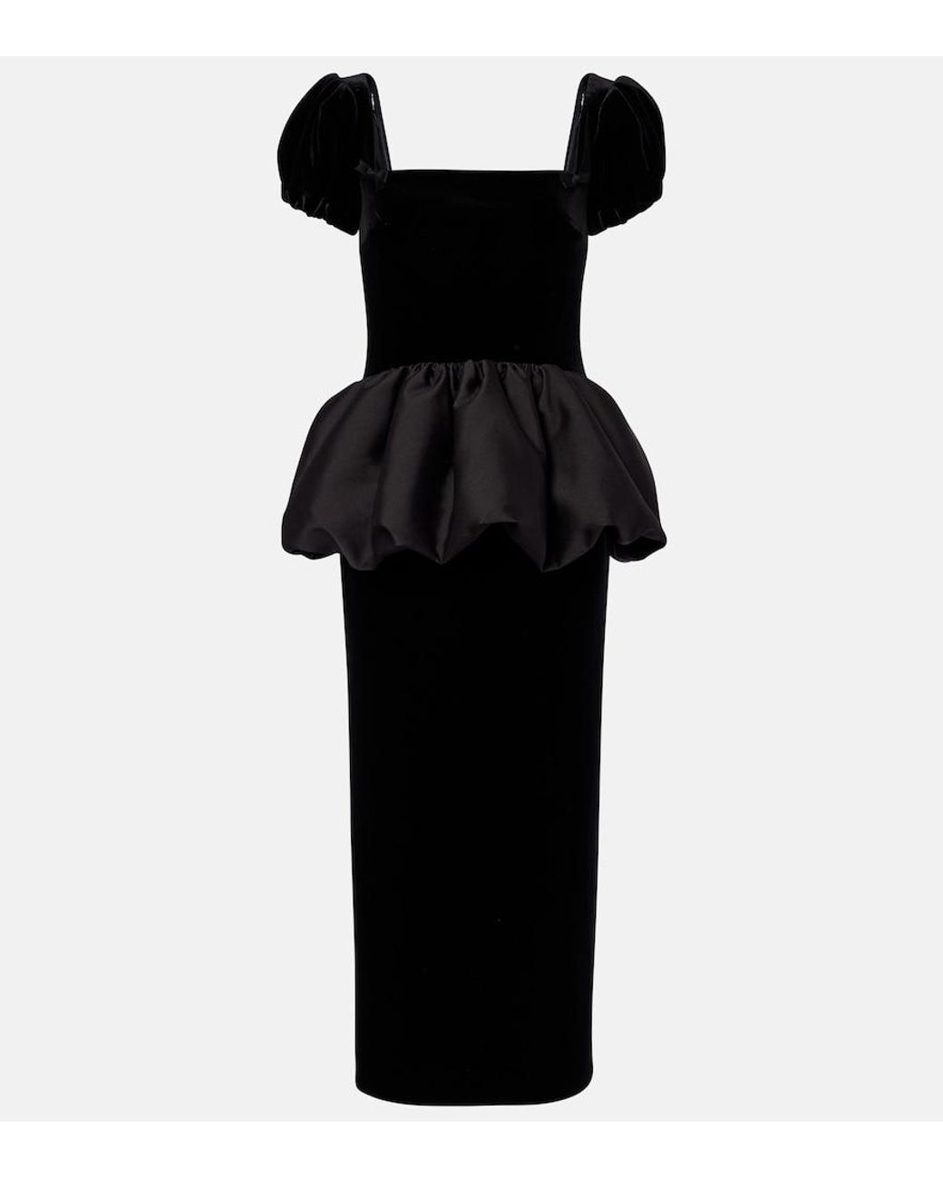 Self-Portrait Black Peplum Velvet And Taffeta Midi Dress